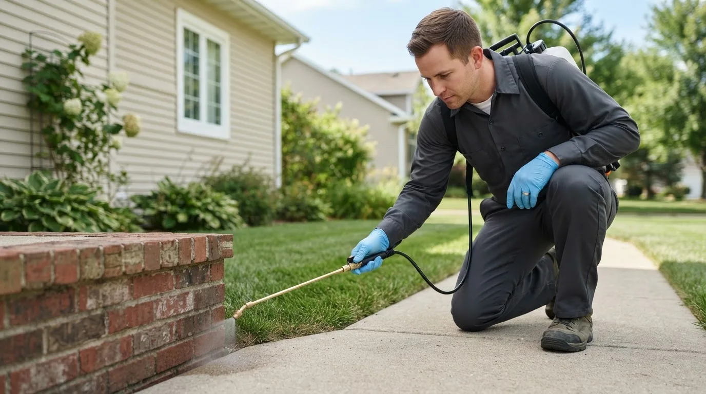 Pest control technician treating a home near Flomot, TX